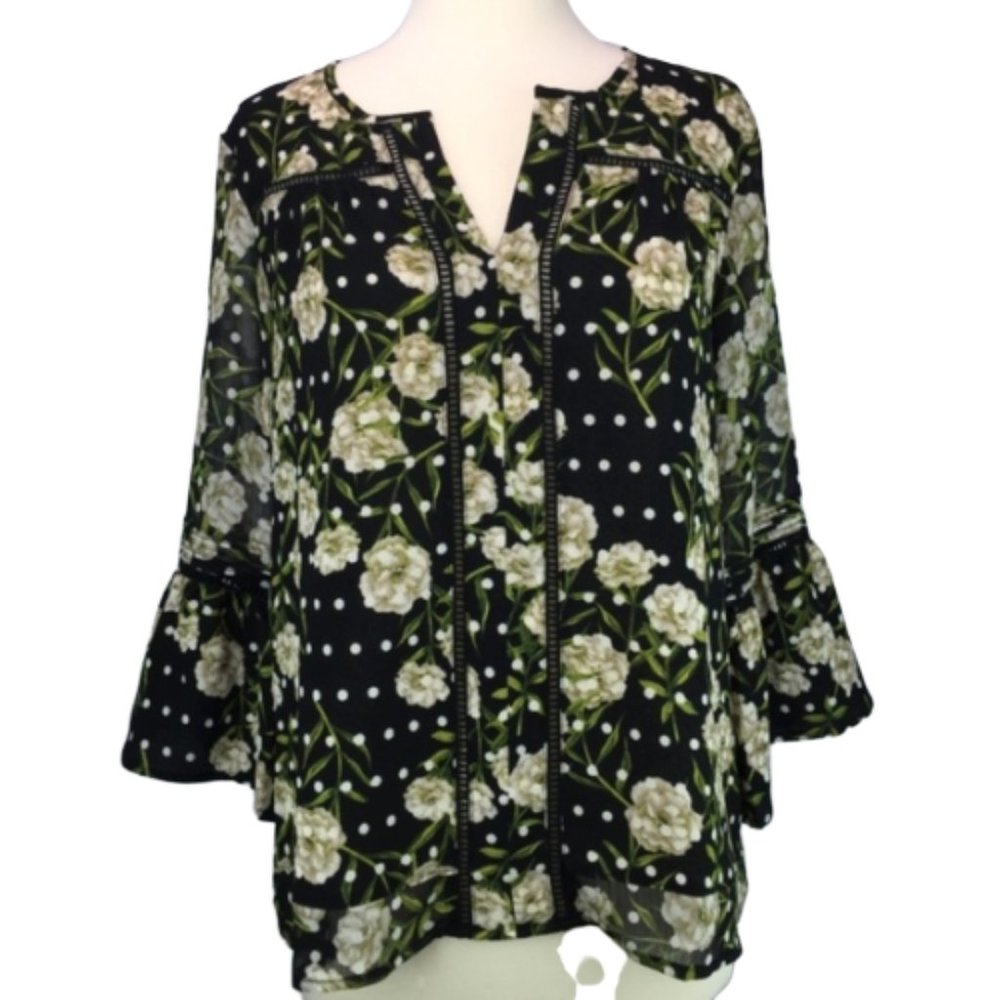 Fever Top Tunic Black Floral Boho Style Medium - Picture 3 of 8